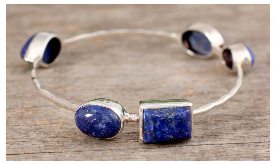 Gemstone Jewelry - Sterling Silver Bangle Bracelet with Lapis Lazuli, 'Depth'