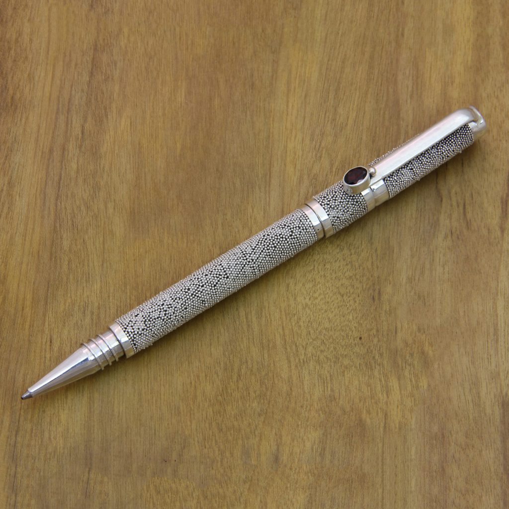 Handmade Sterling Silver 925 and Garnet Ballpoint Pen, 'Sand and Sea'
