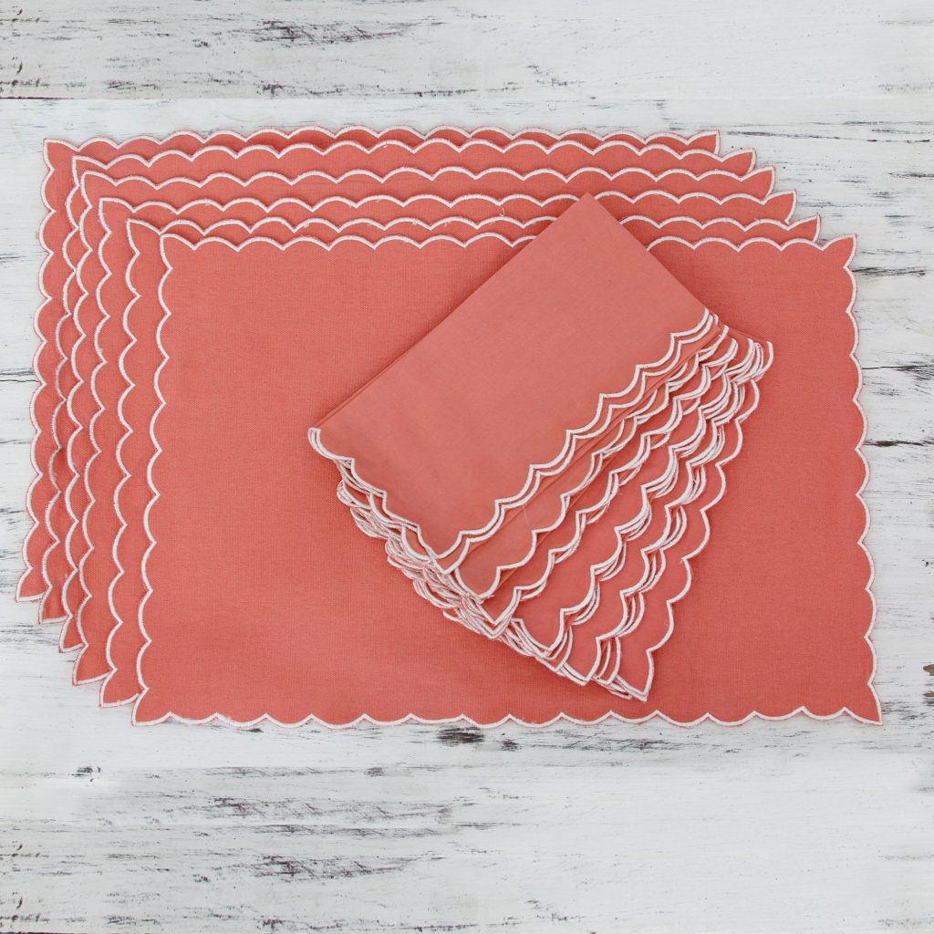 Rose Color Scallop Edge Cotton Placemat and Napkin Set for 6, 'Rose Holiday' for Copenhagen inspired dinner party