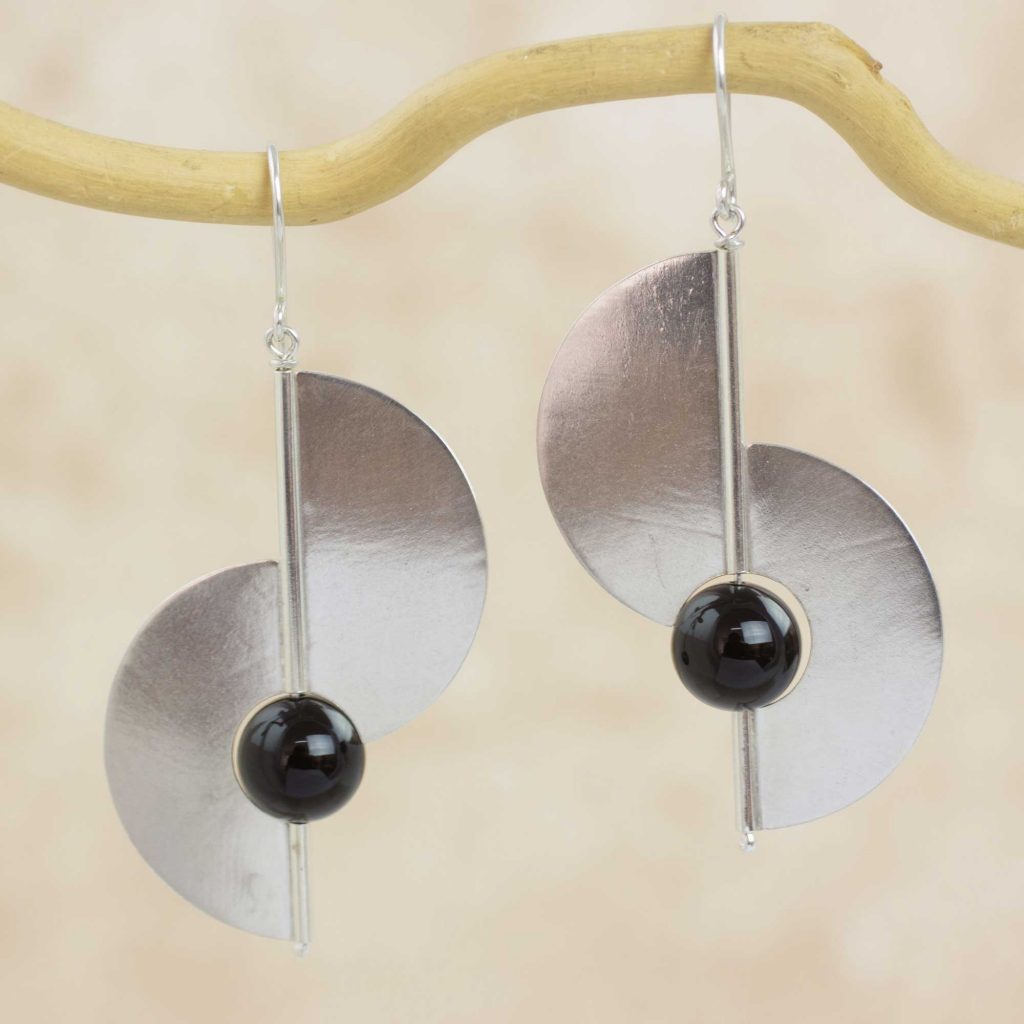 Modern Geometric Sterling Silver and Onyx Hook Gemstone Earrings, 'Two Moons'