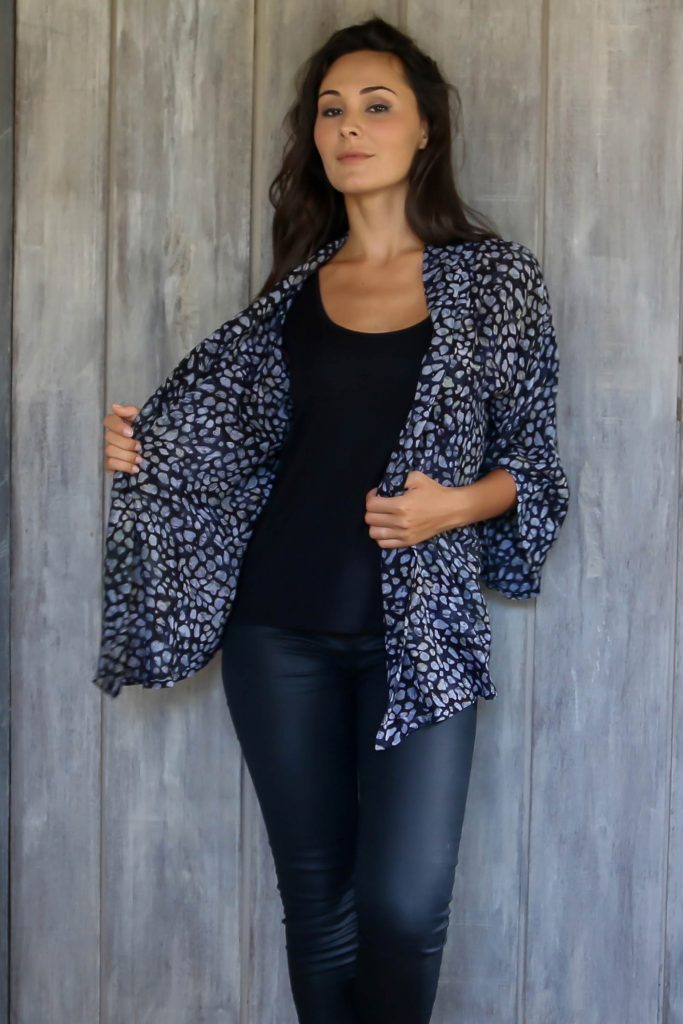 Women's Black and Grey Batik Print Rayon Jacket, 'Borneo Slate'