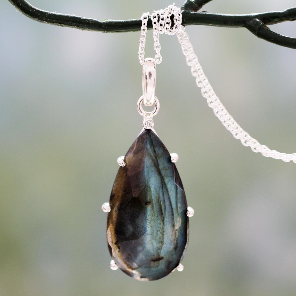 Gemstone Jewelry - Fair Trade Labradorite and Sterling Silver Pendant Necklace, 'Dusky Droplet'