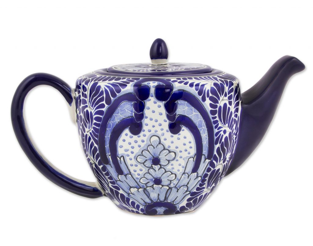 Mayolica Talavera Ceramic Blue Floral Coffee Pot, 'Puebla Kaleidoscope' for Copenhagen inspired dinner party