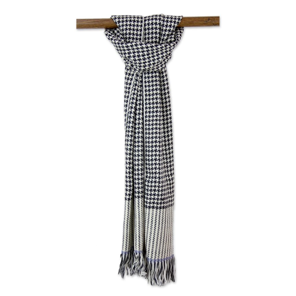 Men's Black and White Hound’s-tooth Cashmere Scarf from India, 'Dapper Charm'