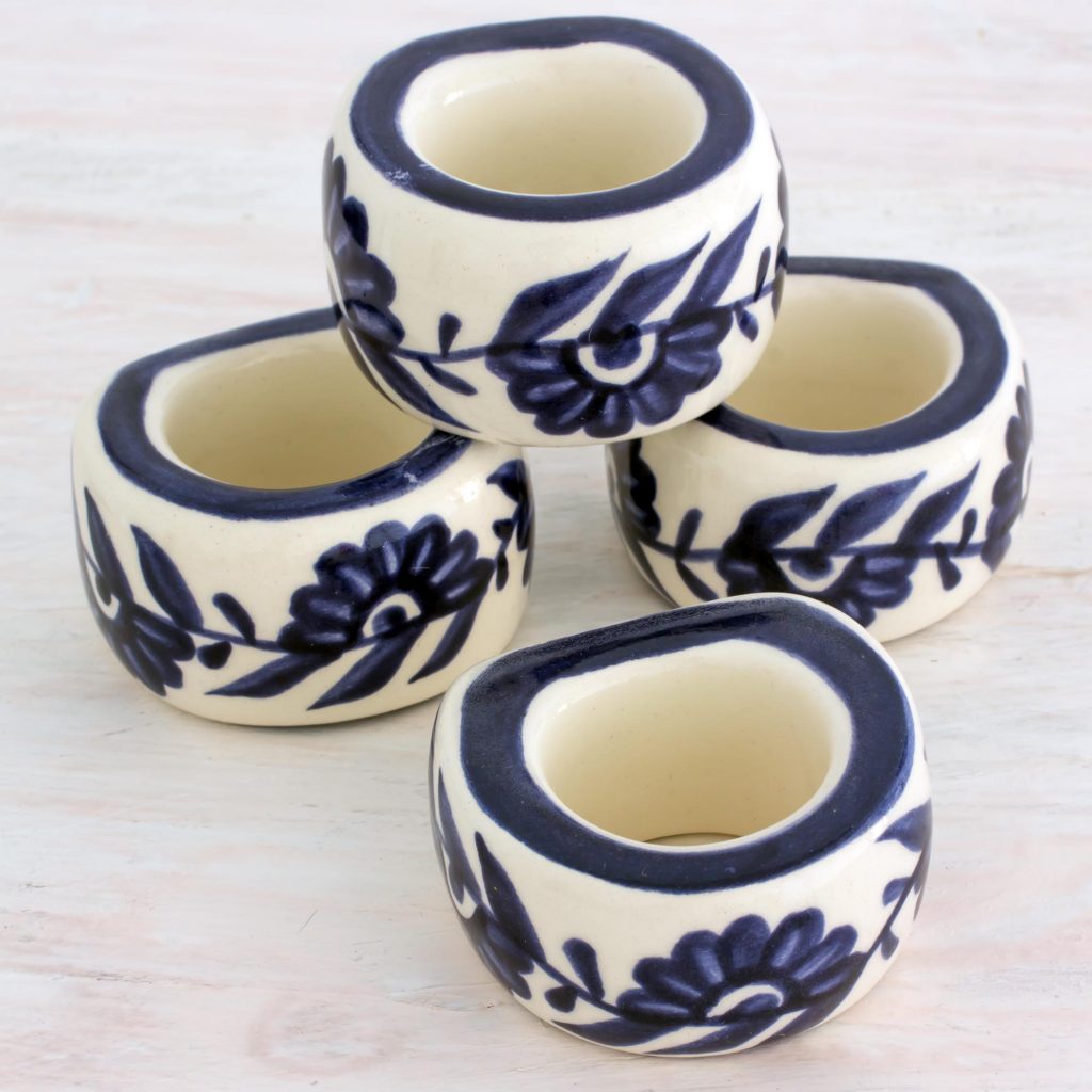 Artisan Crafted Ceramic Floral Napkin Rings (Set of 4), 'Girasol' for Copenhagen inspired dinner party