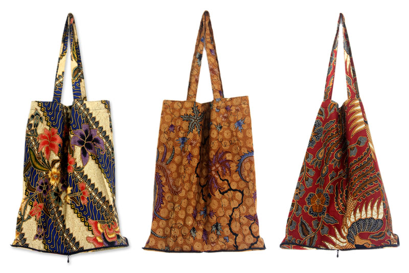 Batik Cotton Shopping Tote Bags (Set of 3), 'Jawadwipa Legacy