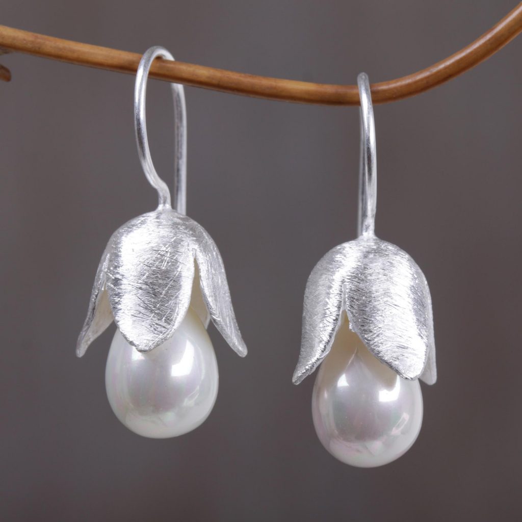 Floral Sterling Silver and Pearl Earrings, 'Floral Bud'