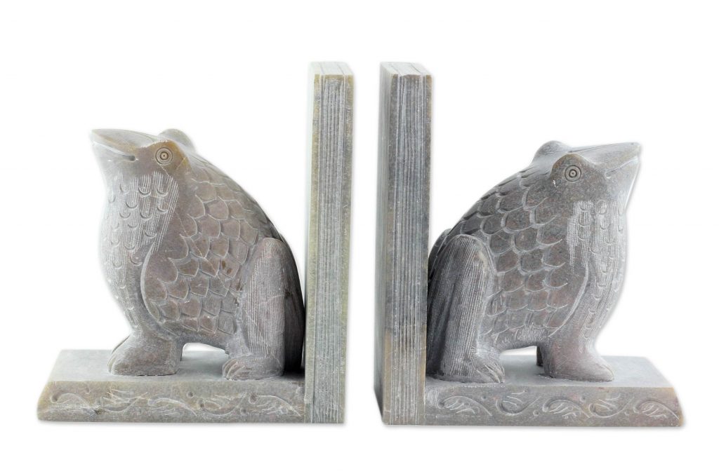 Hand Carved Soapstone Frog Bookends (Pair), 'Happy Hoppy Frog'