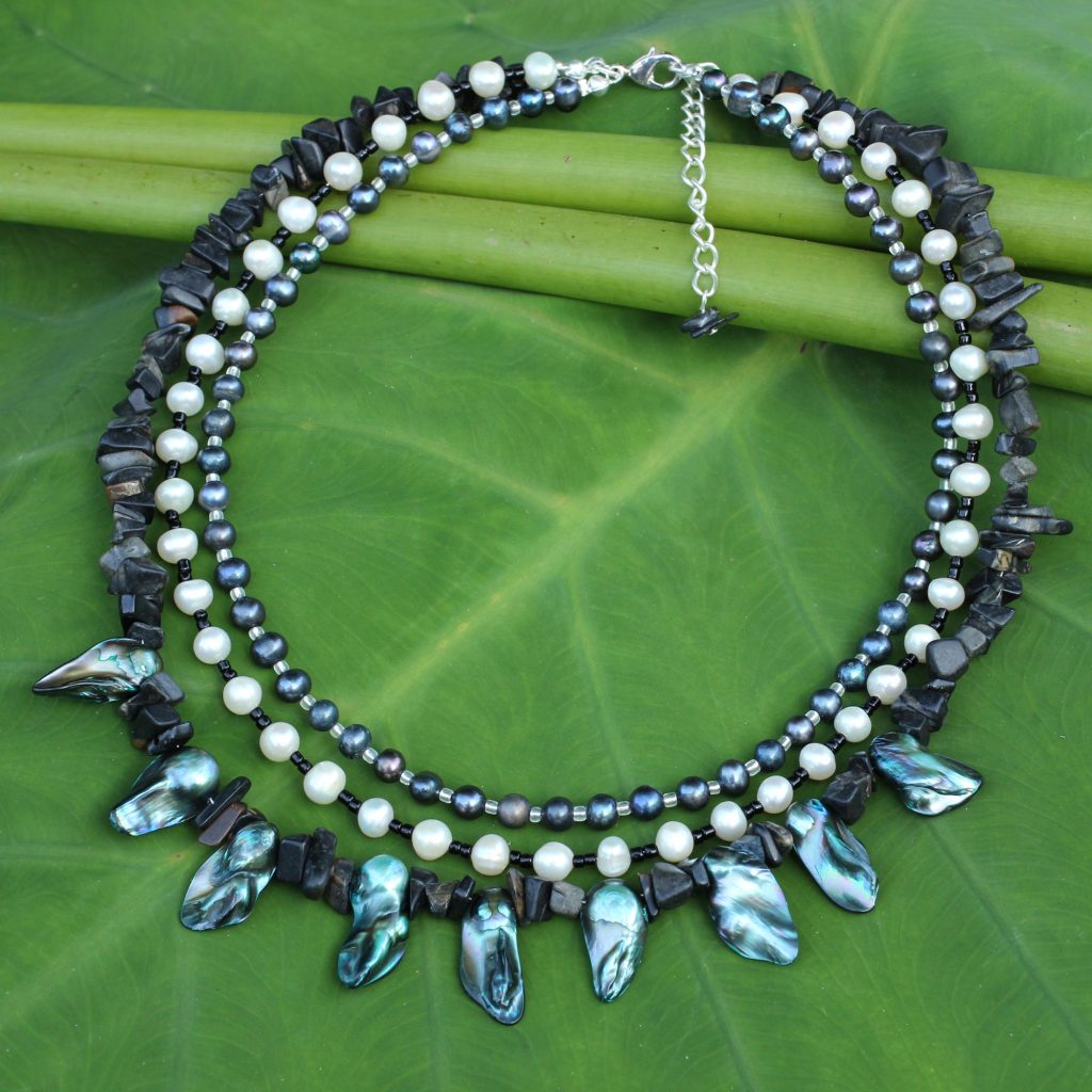 Unique Pearl and Glass Beaded Choker Handcrafted in Thailand, 'Water's Edge'