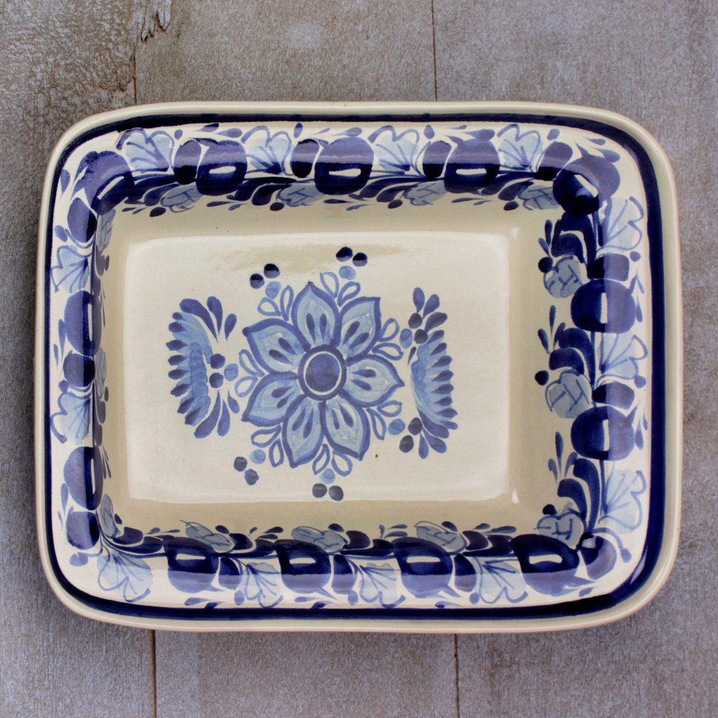 Blue Majolica Ceramic Platter Handmade in Mexico, 'Colonial Bouquet' for Copenhagen inspired dinner party
