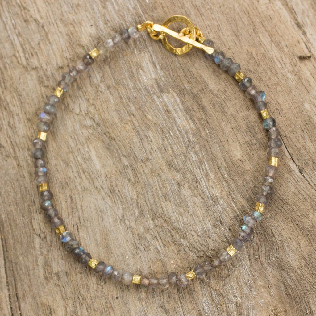 Gemstone Jewelry - Fair Trade Labradorite and 24k Gold Plate Bracelet, 'Simply Delightful'