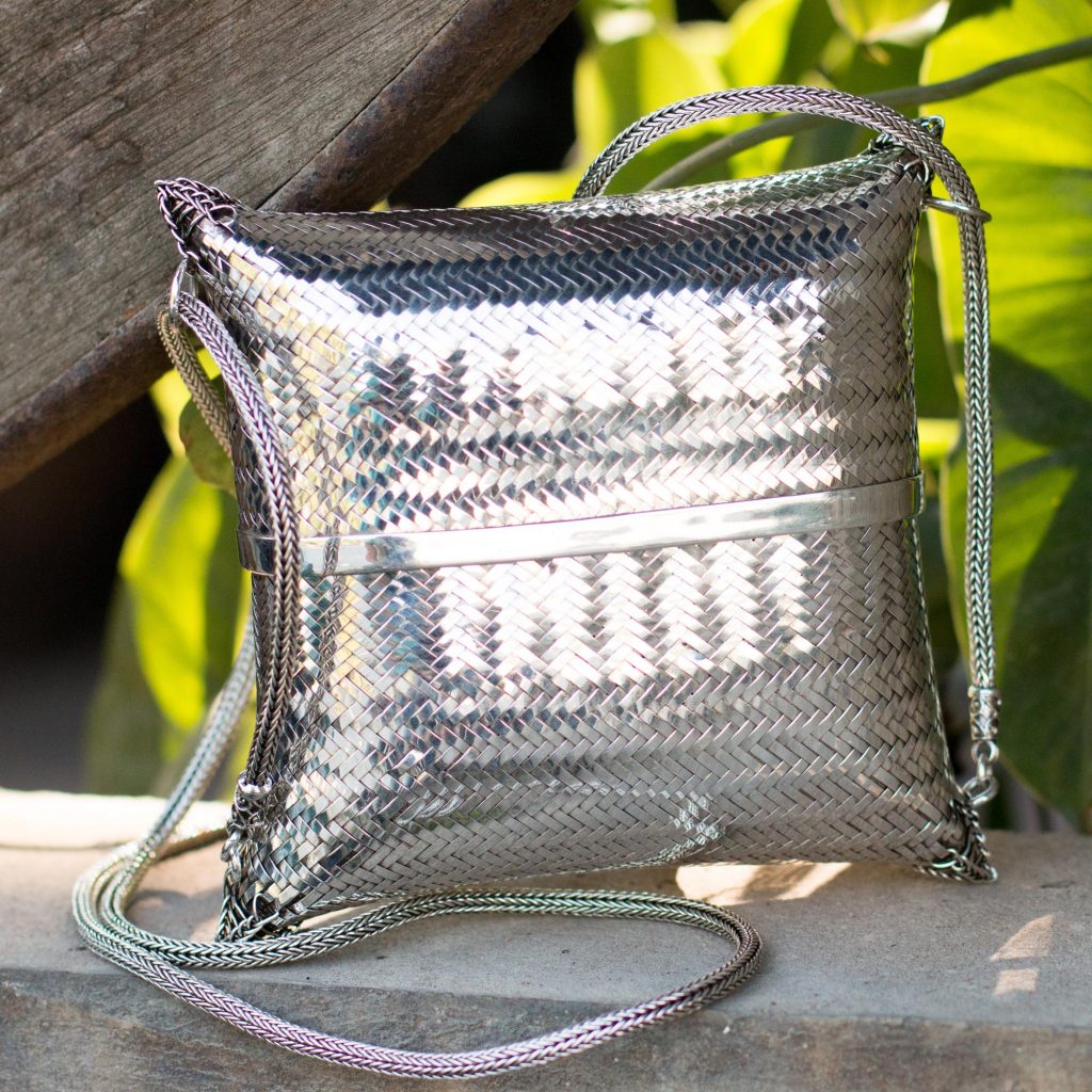 Silver Plated Petite Woven Shoulder Bag, 'Hidden Treasures'