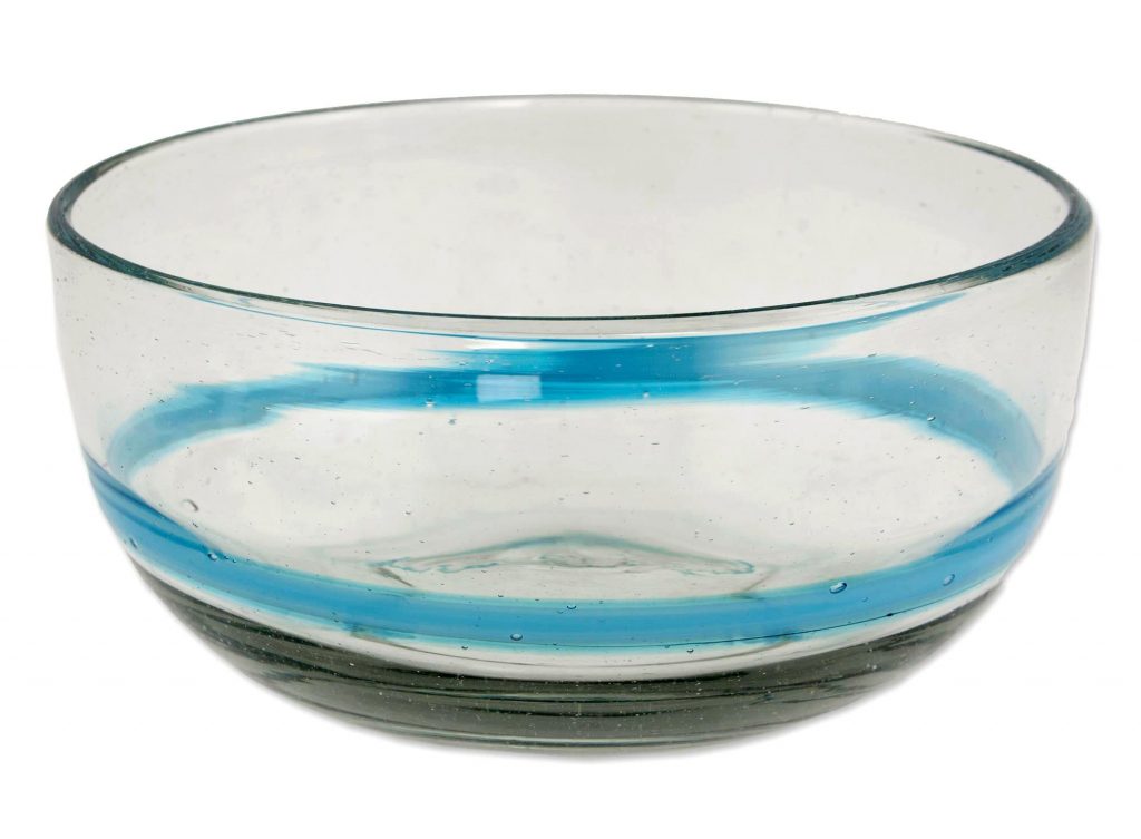 Artisan Crafted Blown Glass Pair of 15 oz Blue Stripe Bowls, 'Aquamarine Band' for Copenhagen inspired dinner party