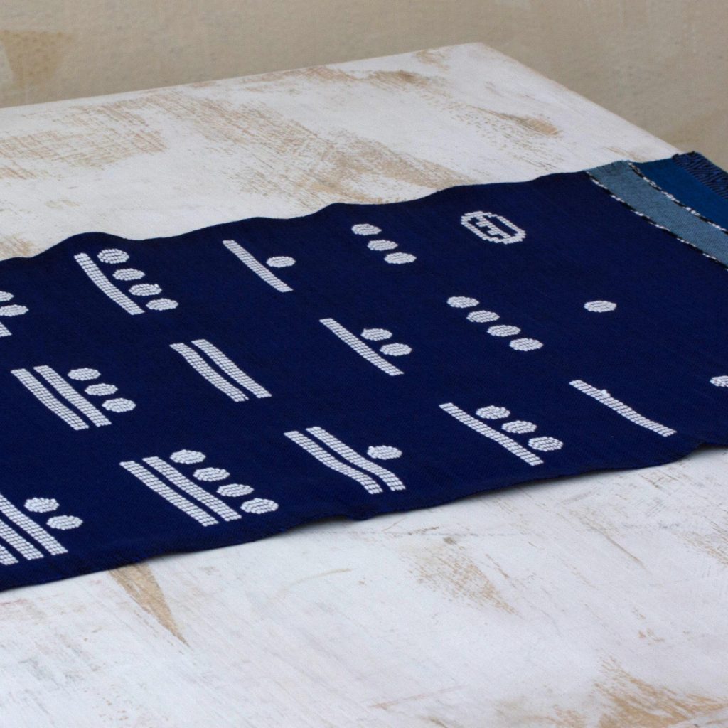 Blue Cotton Hand-woven Table Runner with Maya Numbers, 'Blue Maya Math' for Copenhagen inspired dinner party