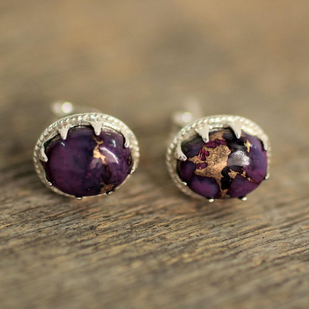 Sterling Silver Purple Composite Turquoise Stud Gemstone Earrings, 'Morning in Purple'