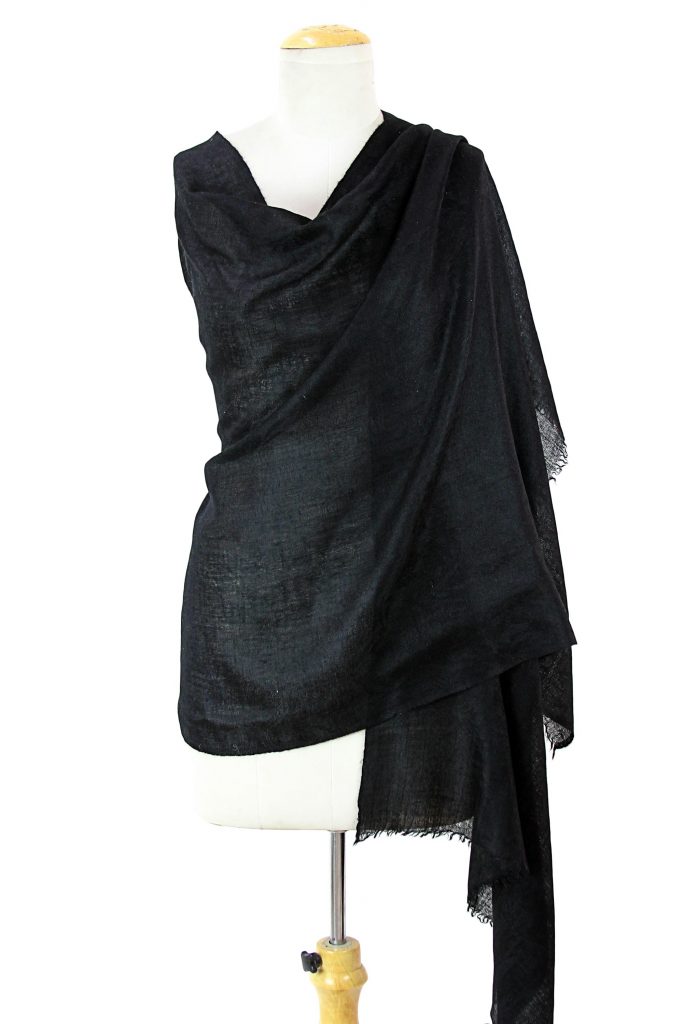 Black 100% Pashmina Wool Hand Woven Shawl from India, 'Midnight Luxury'