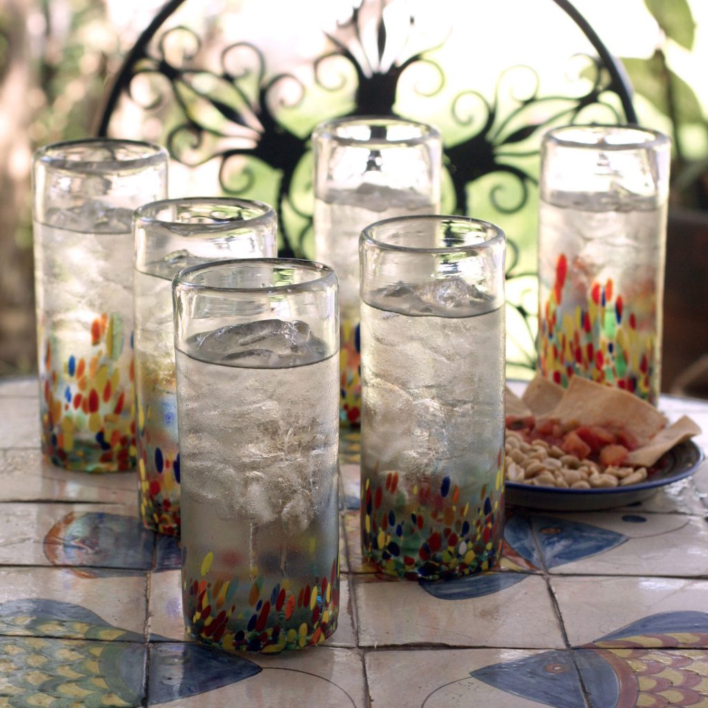 Handblown Highball Cocktail Glasses from Mexico (Set of 6), 'Color Celebration' for Mexican dinner party