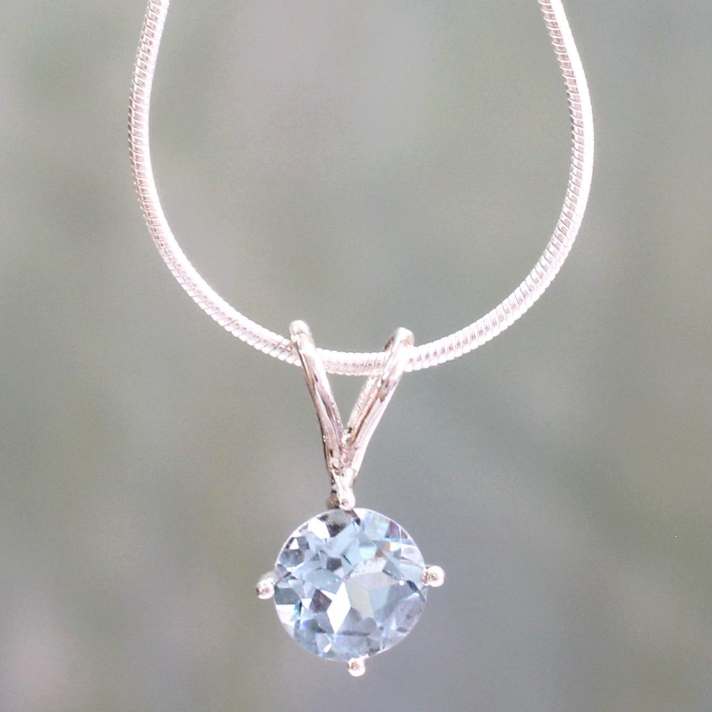 December Birthstone - Blue Topaz - Unique Silver Necklace with Blue Topaz Gemstone Pendant, 'Ocean Wave'