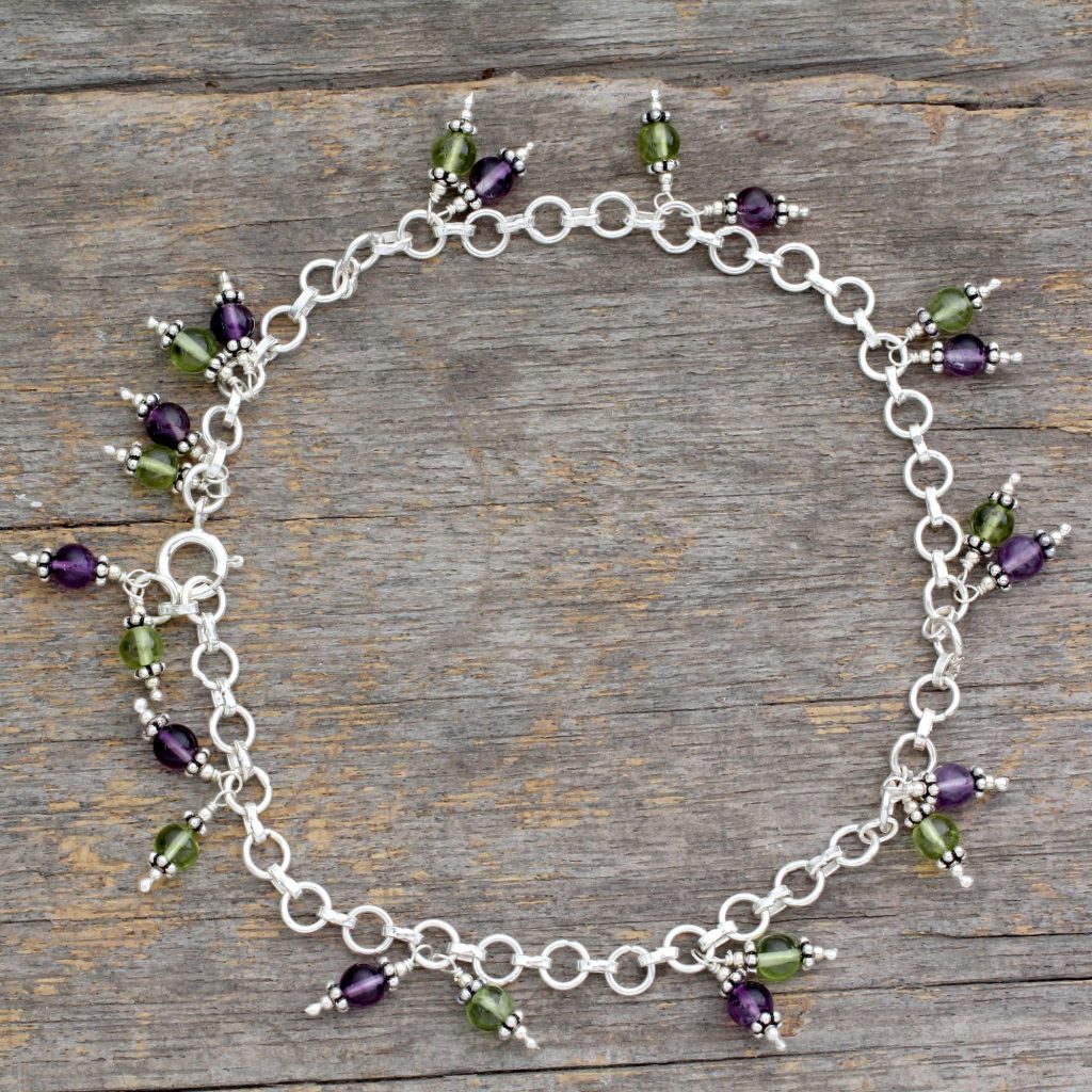 August Birthstone - Peridot - Amethyst and Peridot Beaded Sterling Silver Anklet , 'Carnival Lights'