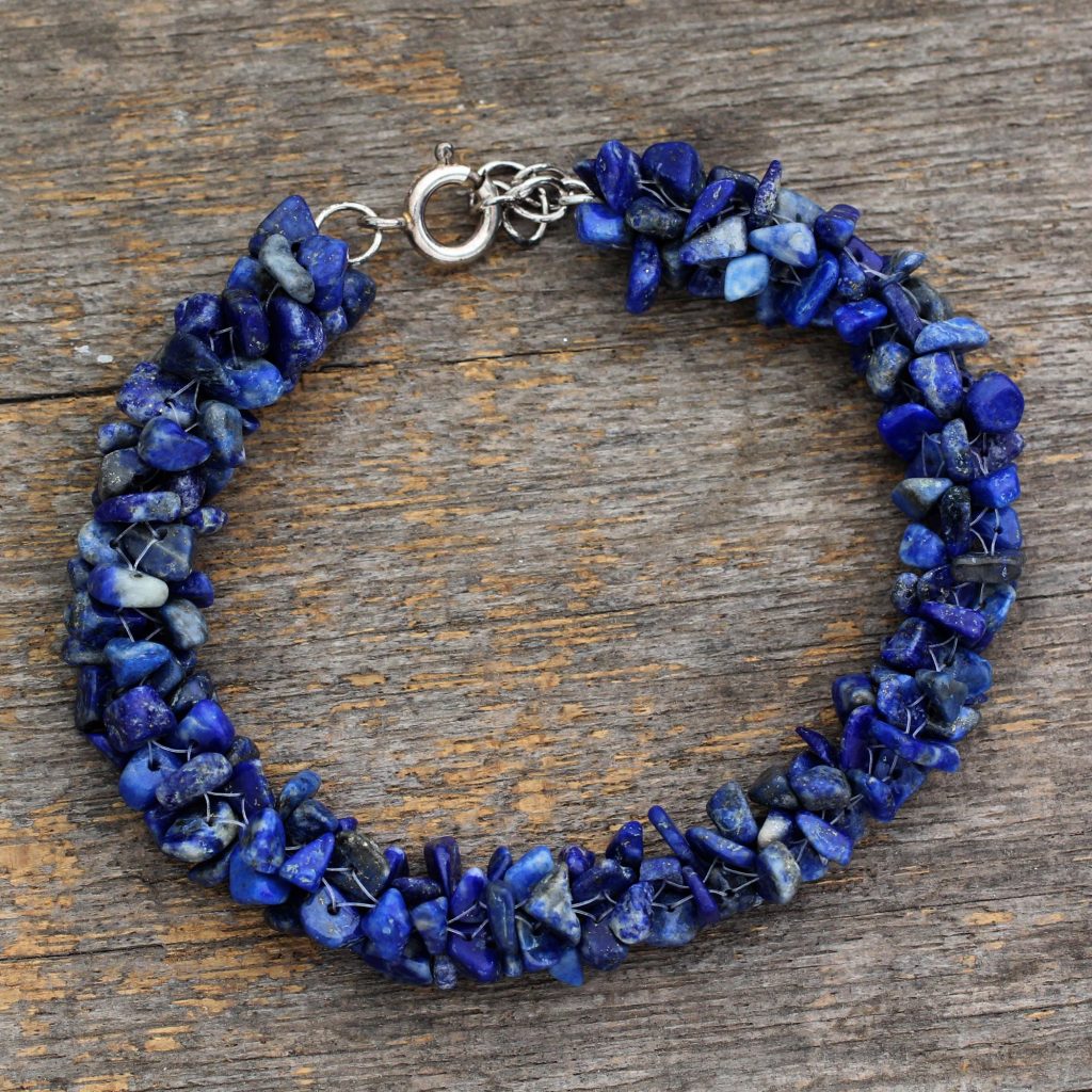 September Birthstone - Lapis - Lapis Lazuli and Sterling Silver Beaded Bracelet from India, 'Blue Reef'
