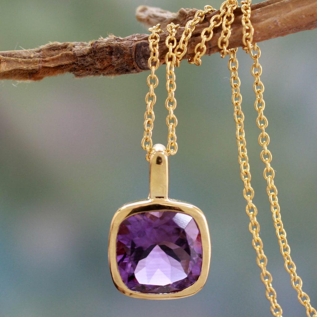 February Birthstone - Amethyst - Hand Made Gold Vermeil Faceted Amethyst Necklace, 'Modern Charm'