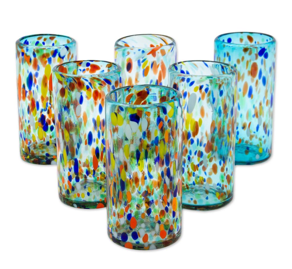 Hand Crafted Blown Glass Tumblers (set of 6), 'Sky Rainbow Raindrops' Mexican dinner party