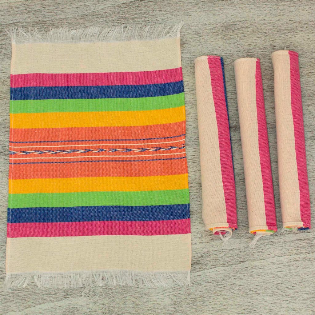 Hand-woven Placements in Multicolor Stripes, 'Fiesta Hues' for Mexican dinner party