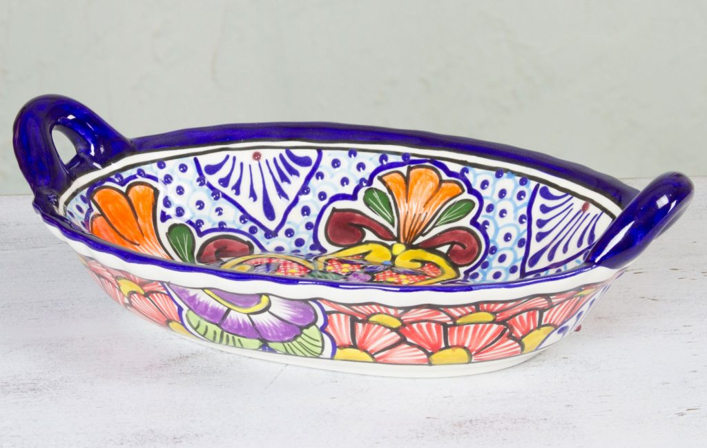 Mexican Talavera Floral Ceramic Oval Serving Bowl, 'Wilderness' for Mexican dinner party