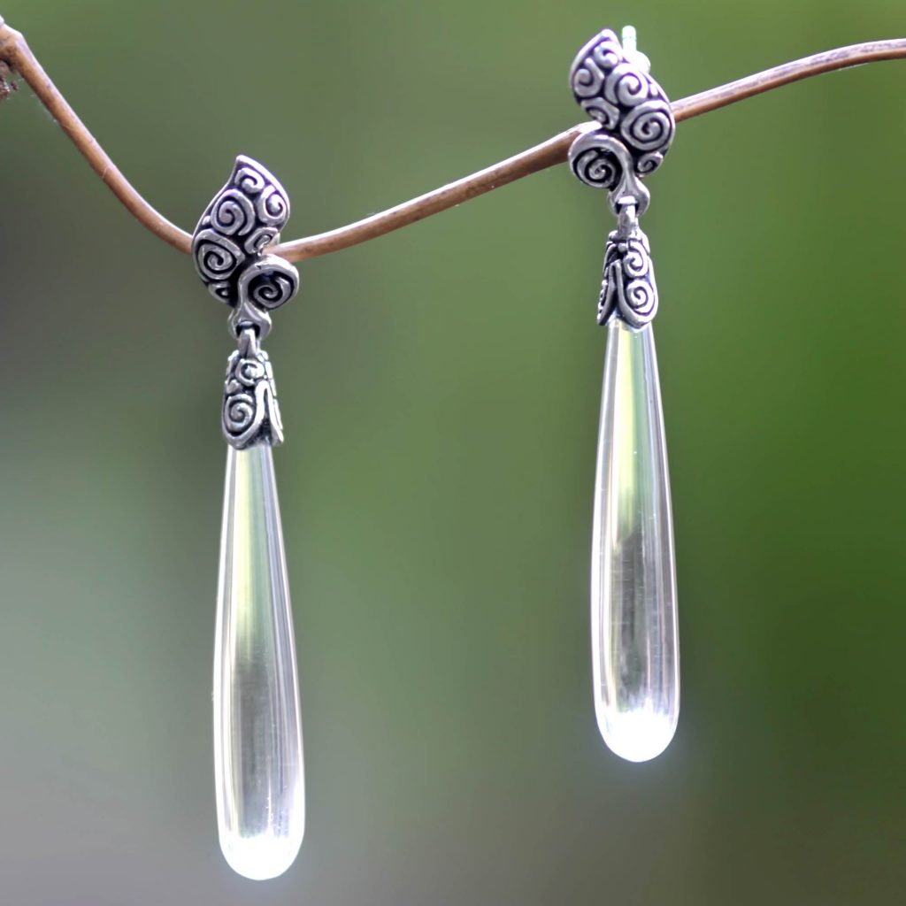 March Birthstone - Quartz - Sterling Silver 925 and Clear Quartz Dangle Earrings, 'Twisted Leaf'