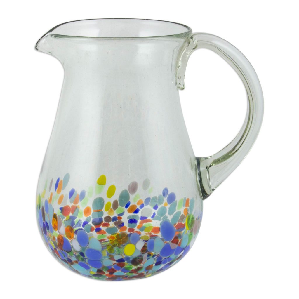 Artisan Crafted Colorful Mexican Hand Blown Pitcher (87 oz.), 'Confetti Festival' for Mexican dinner party