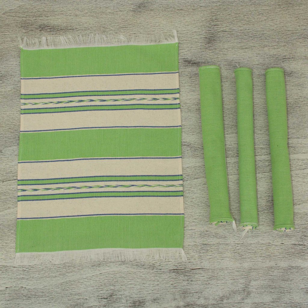 Green and Beige Hand Woven Zapotec Placemats (Set of 4), 'Oaxaca Meadow' for Mexican dinner party