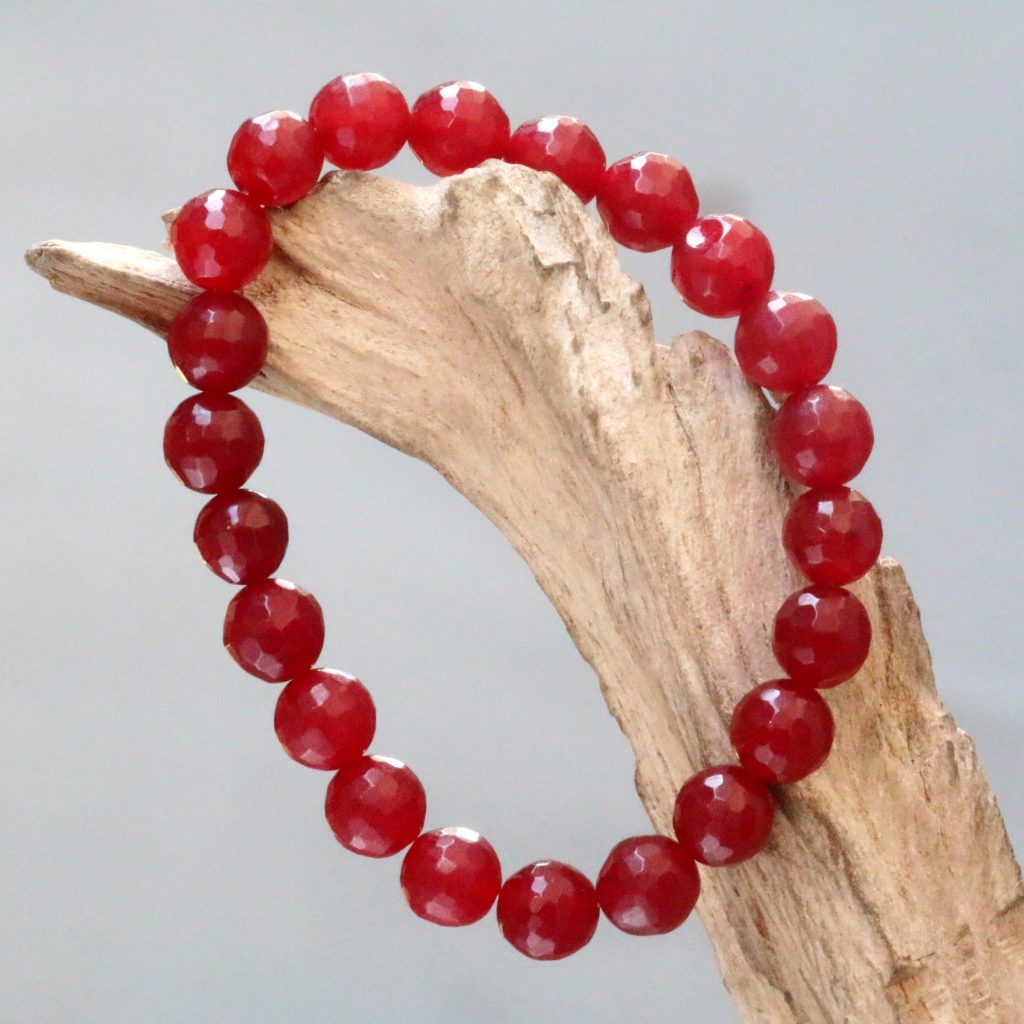 May Birthstone - Agate - Faceted Red Agate Beaded Stretch Bracelet for Women, 'Sanur Cherry'