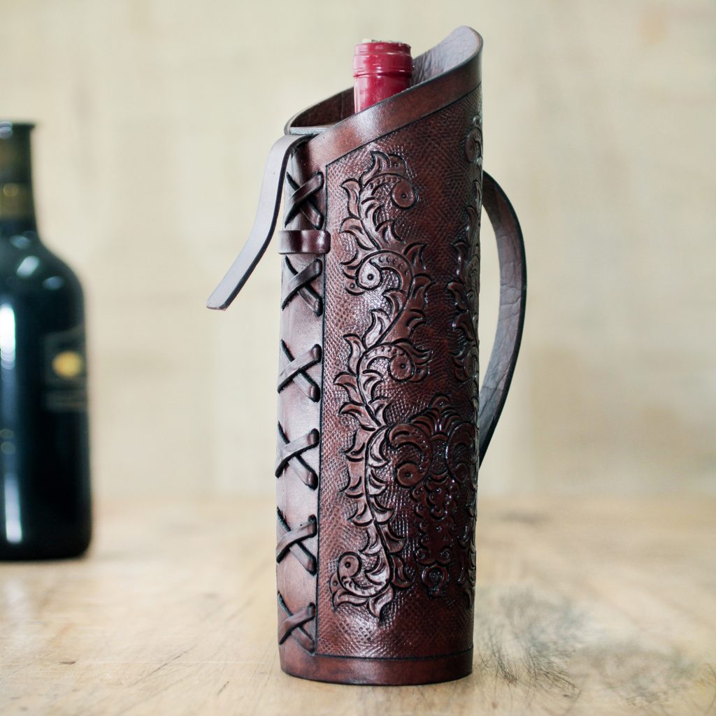 UNICEF Andean Original Hand Tooled Leather Wine Bottle Holder, 'Colonial Ivy' Hostess Gifts