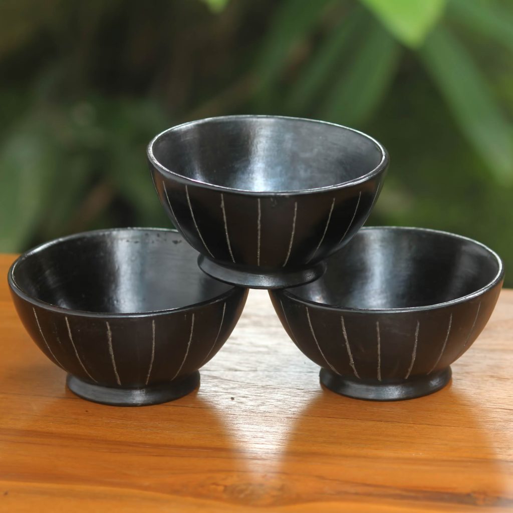 UNICEF Black Ceramic Bowls Crafted by Hand (Set of 3), 'Lidi Aren' Hostess Gifts