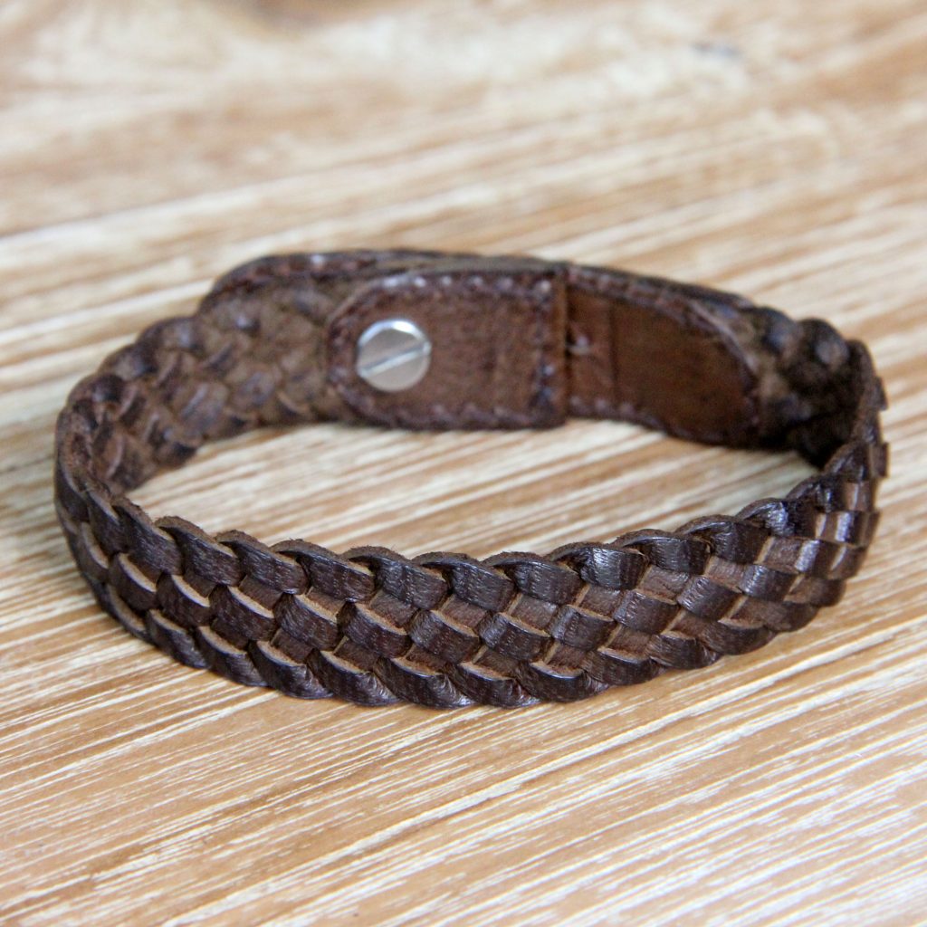 UNICEF Braided Brown Leather Bracelet Made by Hand in Bali, 'Brown Chain' Leather, stainless steel Button Clasp