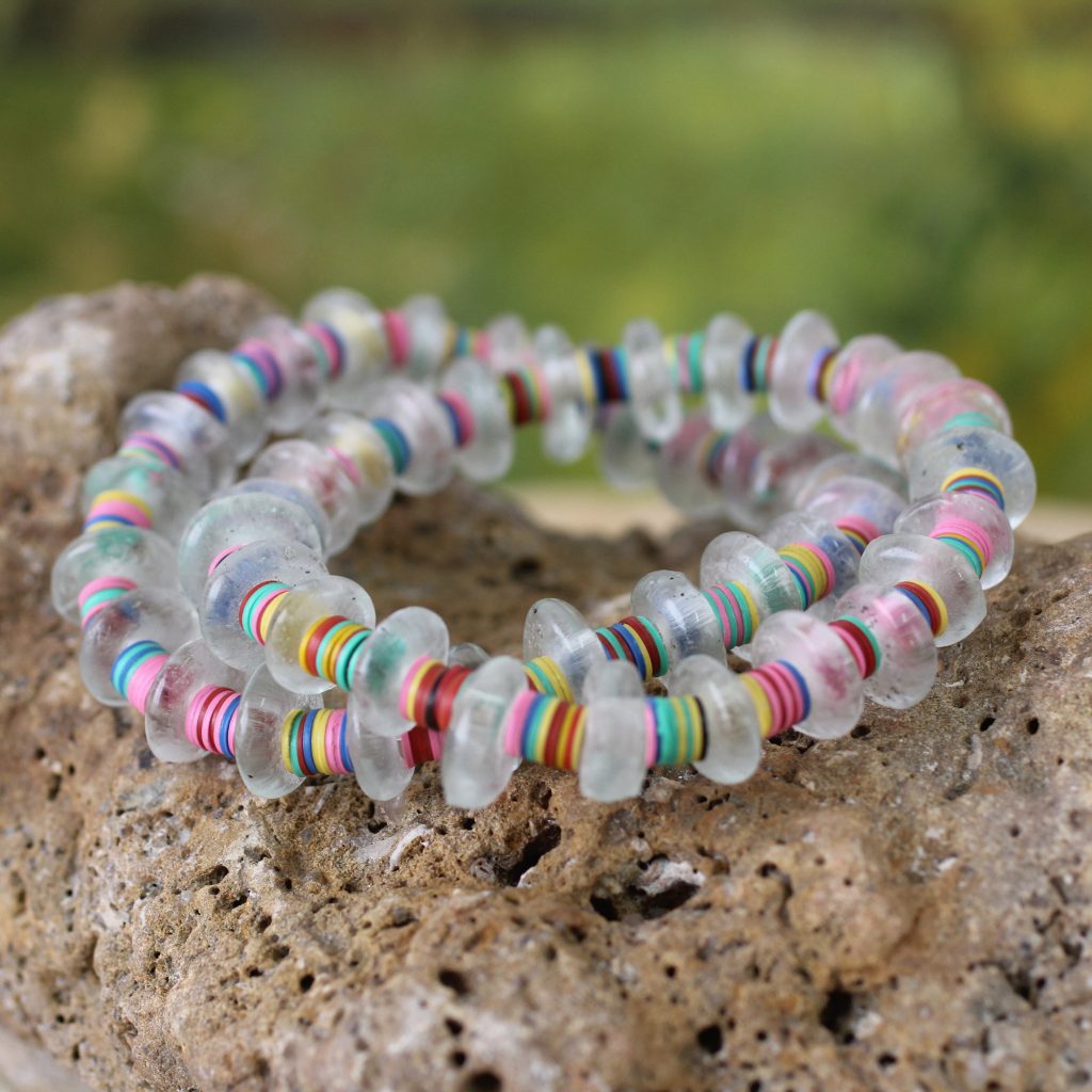 UNICEF Contemporary West African Eco-friendly Womens Bracelets, 'Odo Akomo' Recycled plastic and recycled glass beads