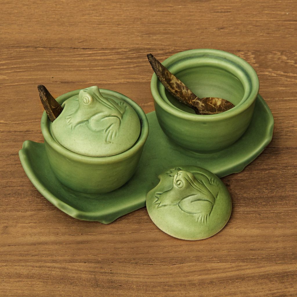 UNICEF Green Ceramic Condiment Set with Self-Tray and Coconut Shell Spoons, 'Stately Duo' Hostess Gifts