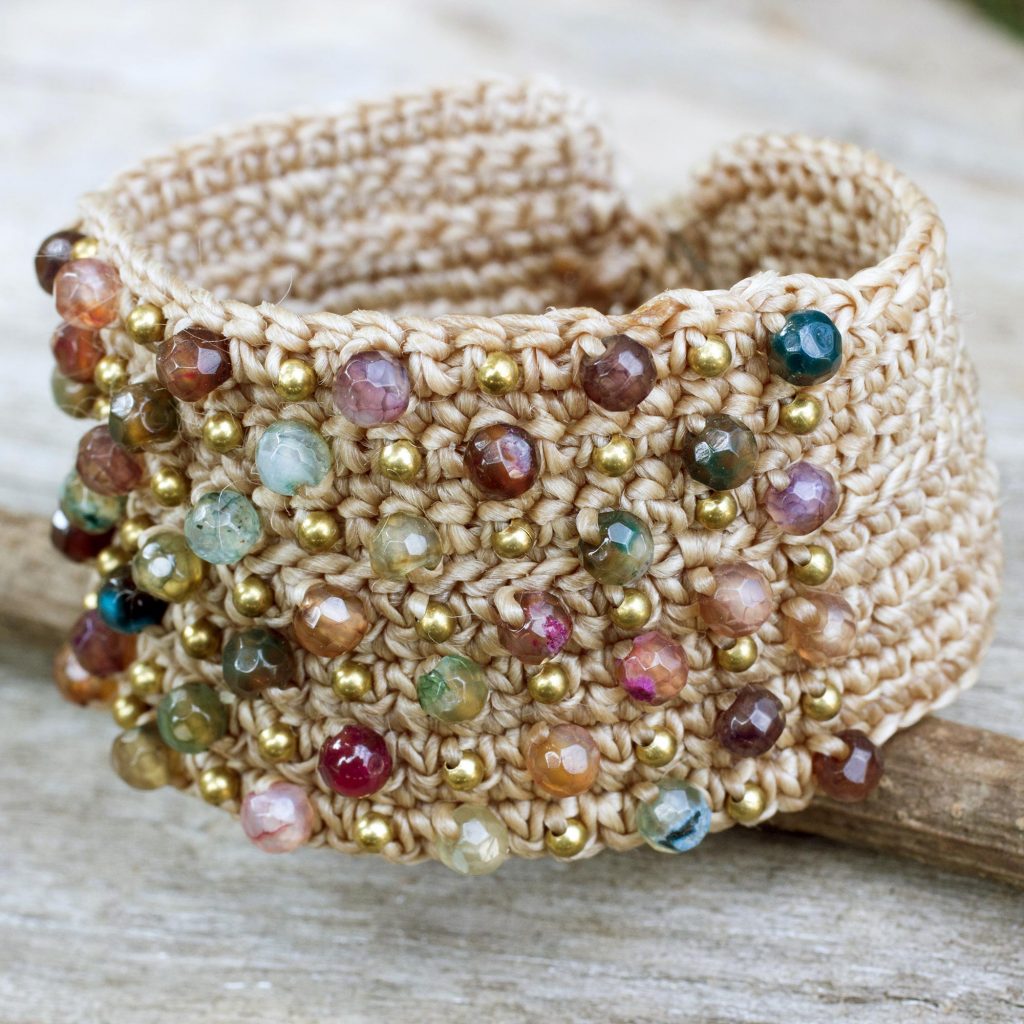 UNICEF Hand Crocheted Wristband Bracelet with Multi Color Agates, 'Life in Pai' Dyed agate, labradorite, brass, polyester