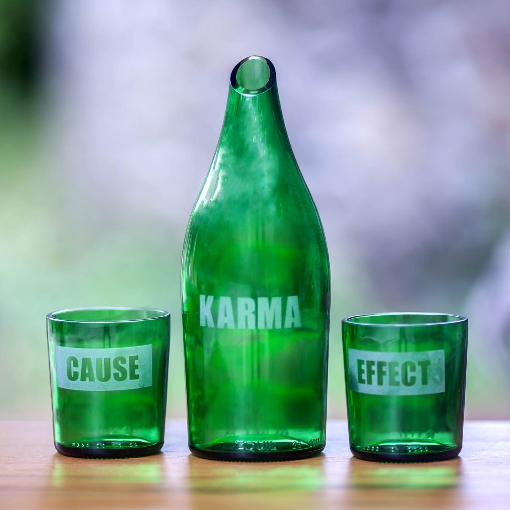 UNICEF Unique Recycled Glass Carafe with Two Glasses, 'Karma Notes' Hostess Gifts
