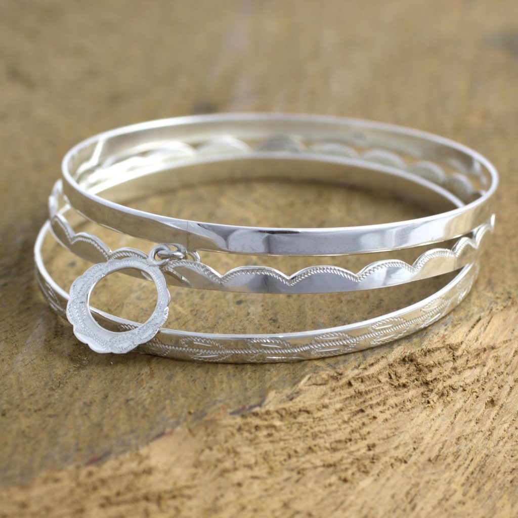 UNICEF Unique Sterling Silver Bangle Bracelets (Set of 3), 'The Roads of Totonicapan' High polish finish