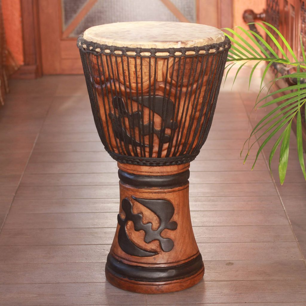 UNICEF Wood djembe drum, 'God is Supreme' Goat skin hand carved artisan-made
