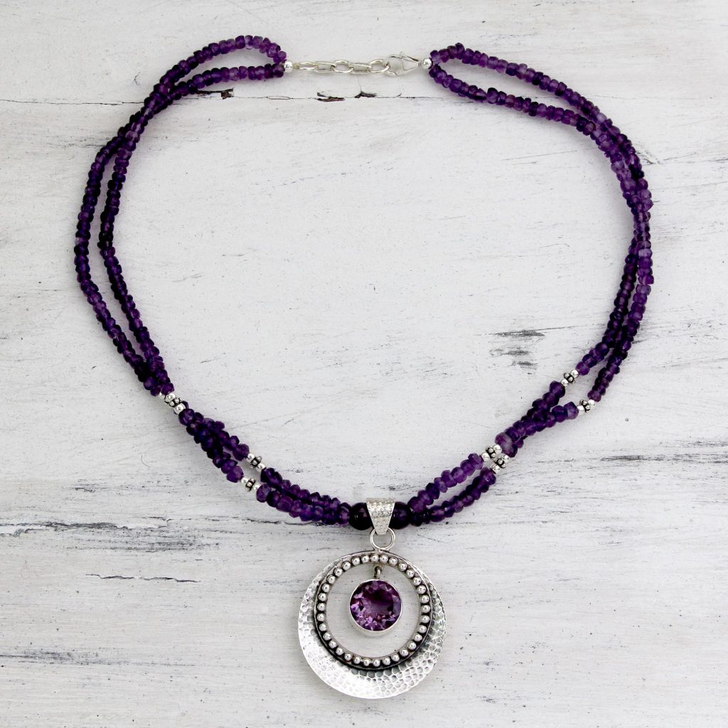 How to Layer Necklaces-UNICEF Indian Jewelry Sterling Silver Beaded Amethyst Pendant Necklace, 'Beautiful Essence' Lobster claw clasp Combination finish How to Layer Necklaces