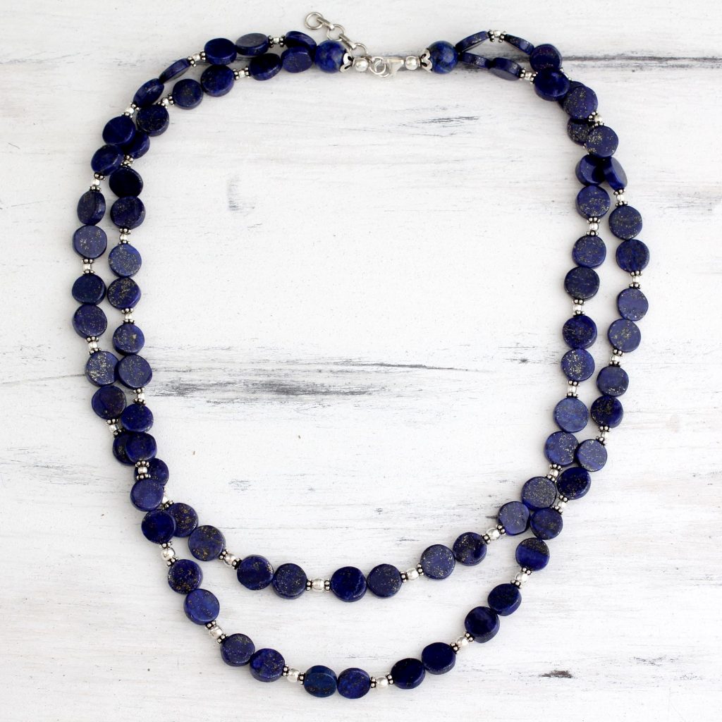 How to Layer Necklaces-UNICEF Lapis lazuli strand necklace, 'Blue Universe' sterling silver lobster claw clasp fair trade How to Layer Necklaces