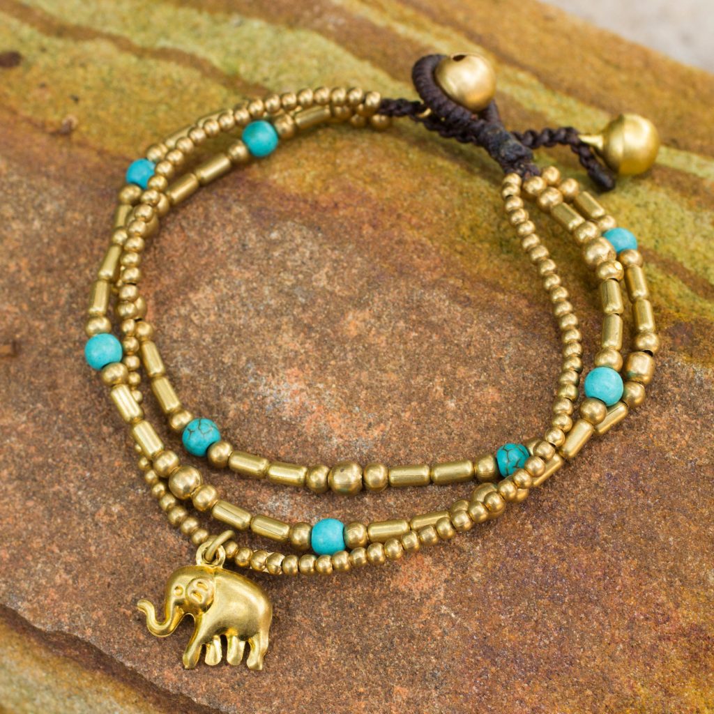 How to Mix Silver and Gold Jewelry-Brass Beaded Elephant Charm Bracelet, 'Charm of Thailand' Blue calcite How to Mix Silver and Gold Jewelry