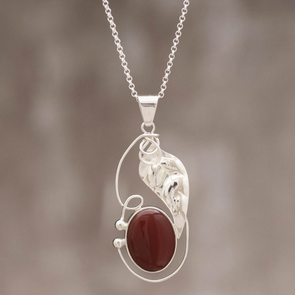 Sterling Silver and Agate Pendant Necklace from Peru, 'Silver Vine' 