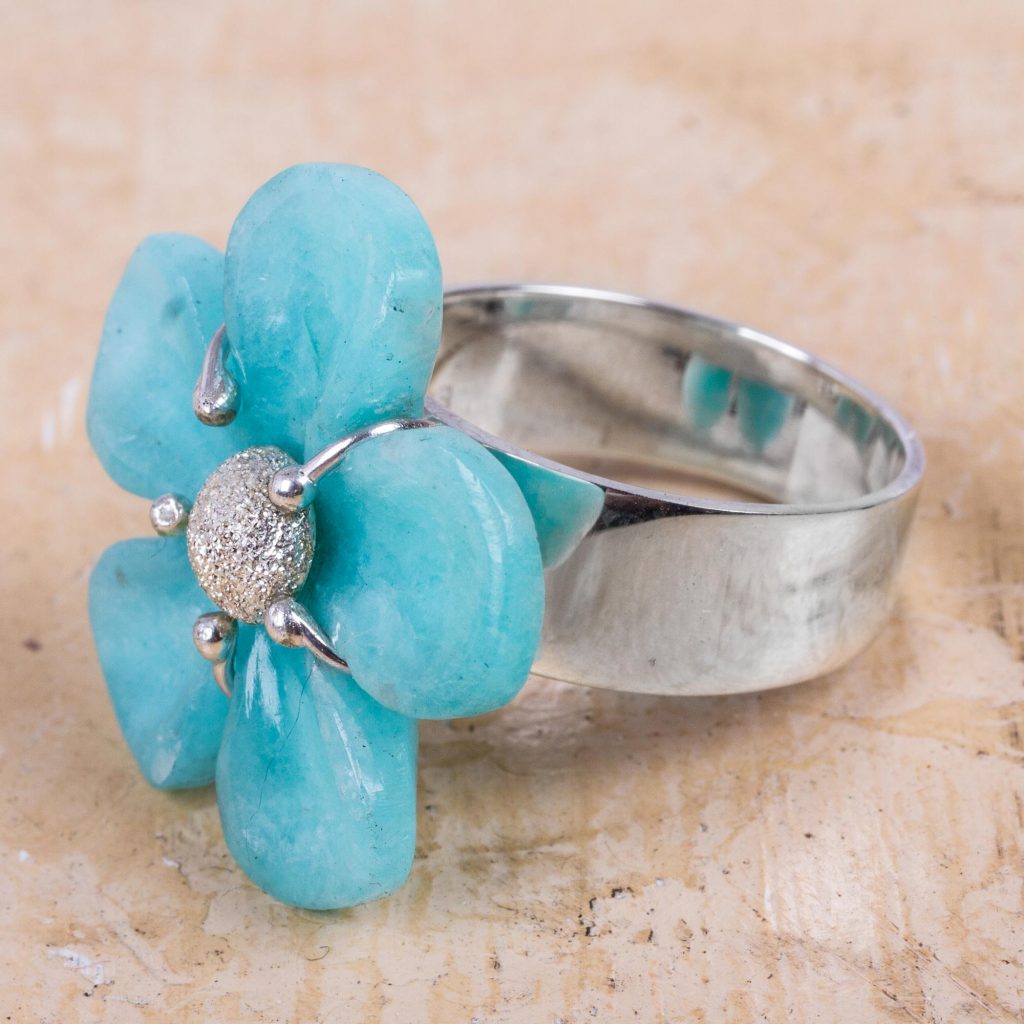 Handcrafted 925 Sterling Silver with Amazonite Flower Ring b, 'Blue Blossoms ' touch of luck gemstones