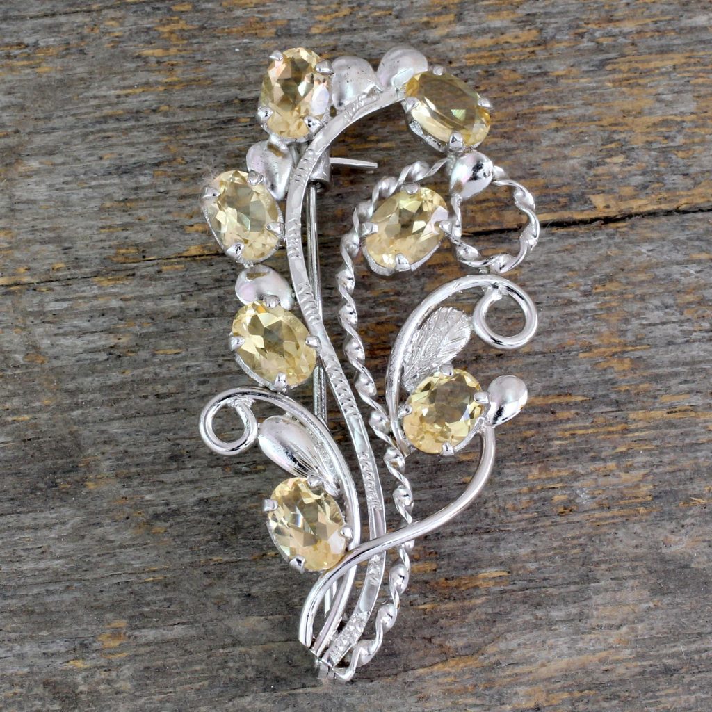 Fair Trade Citrine and Sterling Silver Brooch Pin, 'Sunshine Bouquet' Touch of Luck Gemstones