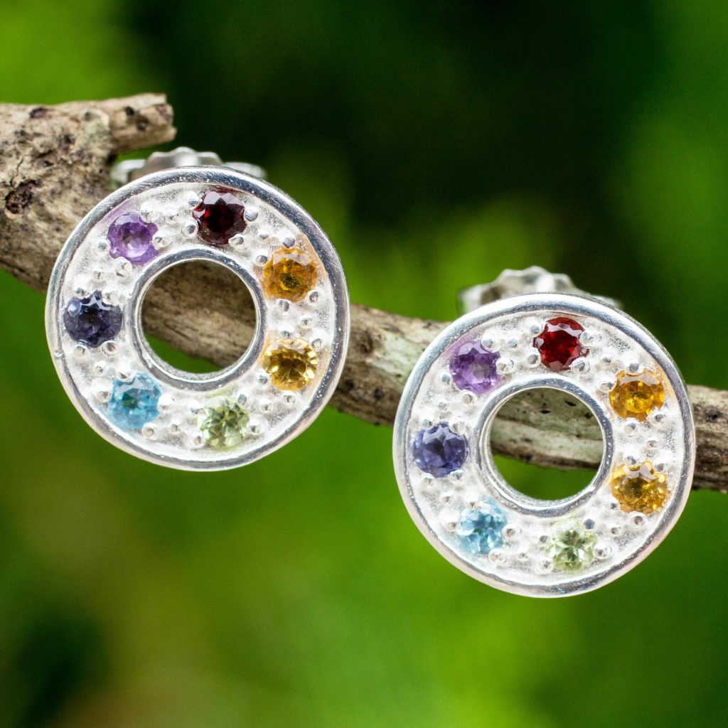 Chakra Wheel Multiple Gemstones on Sterling Silver Earrings, 'Chakra Honor Wheel' Gemstone Earrings