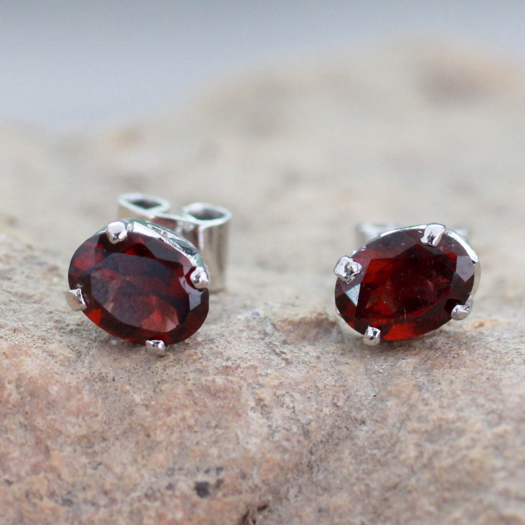 Fair Trade Garnet Stud Earrings, 'Center of the Earth' Add touch of luck gemstones