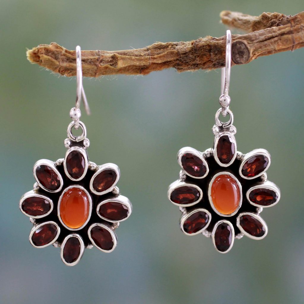 Floral Gemstone Earrings Adorned with Carnelian and Garnet, 'Autumn Flower'